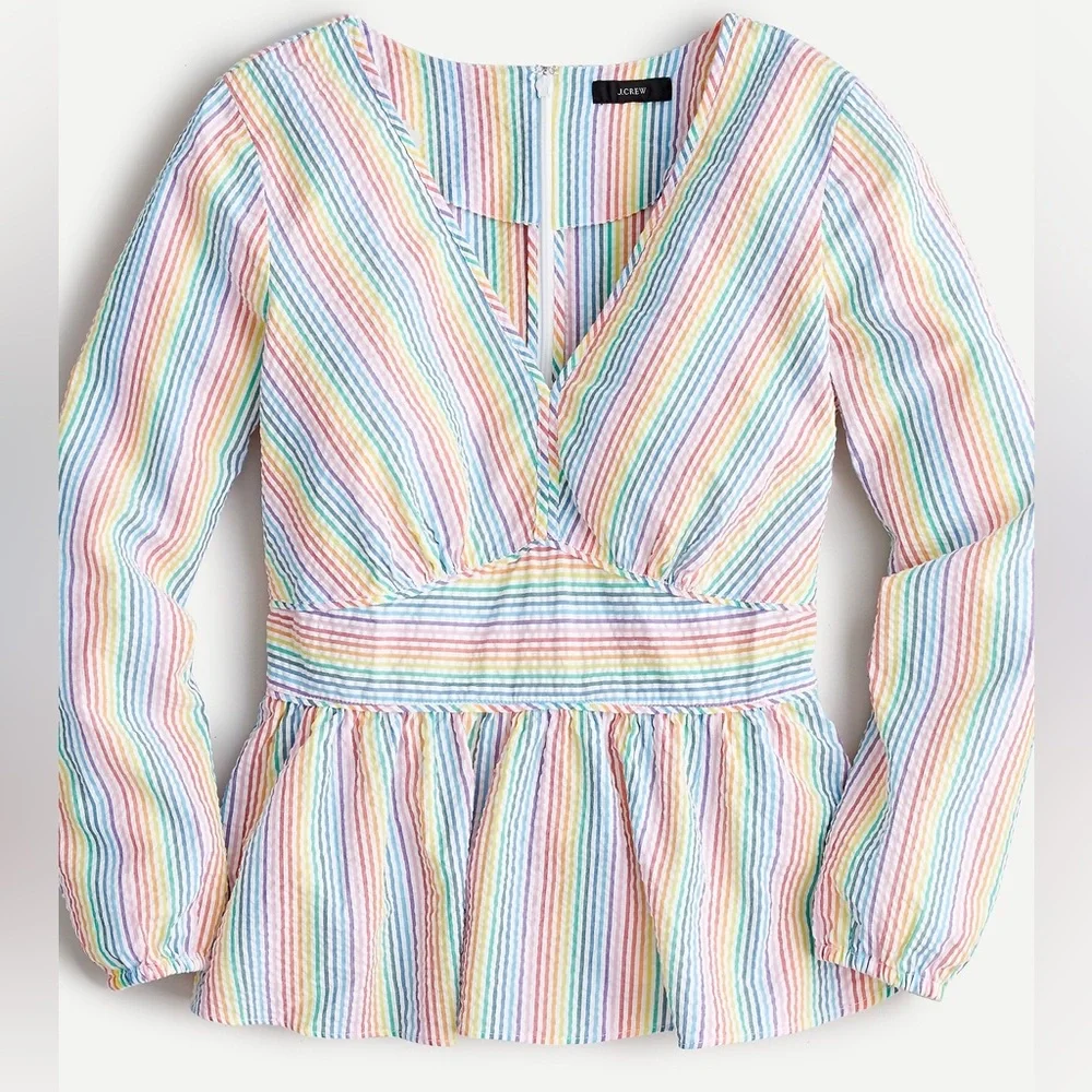 J. Crew V-neck Peplum Top Blouse in Rainbow Stripe Seersucker Size 00 XXS XS